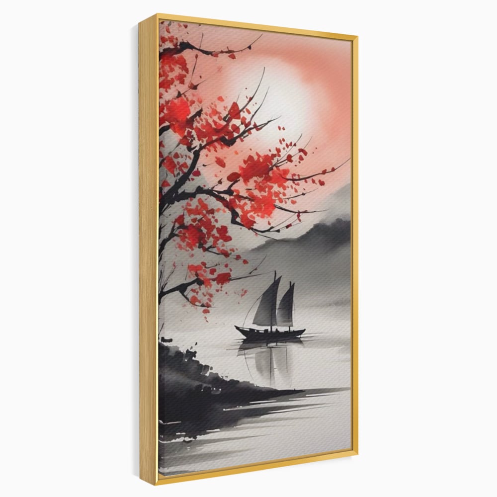 Tablou canvas cu tablou canvas cu barca si copac rosu, in rama de aluminiu auriu